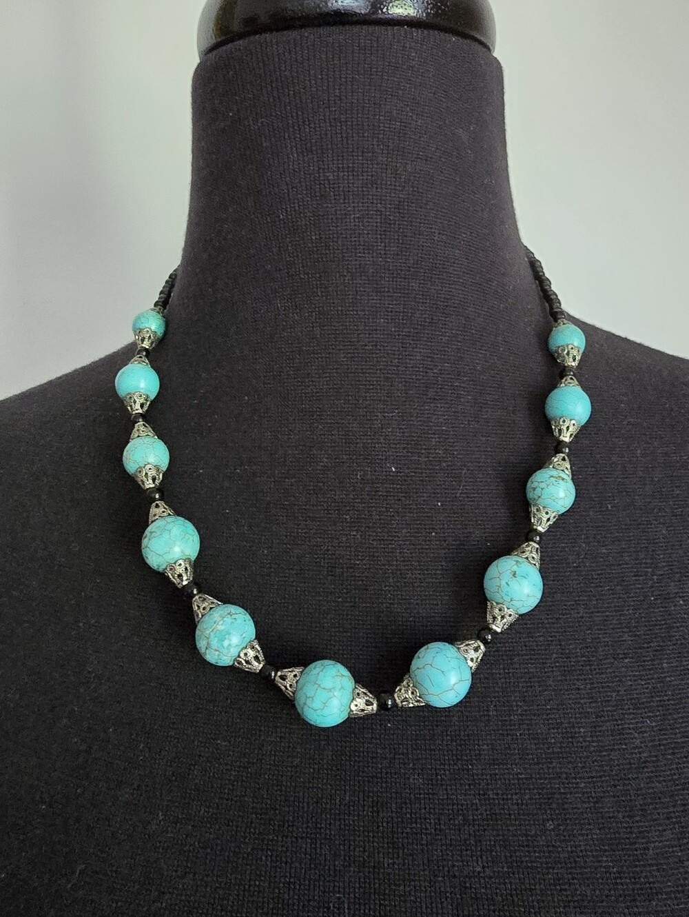 Faux Turquoise Bead With Silver Tone Accent Statement Necklace